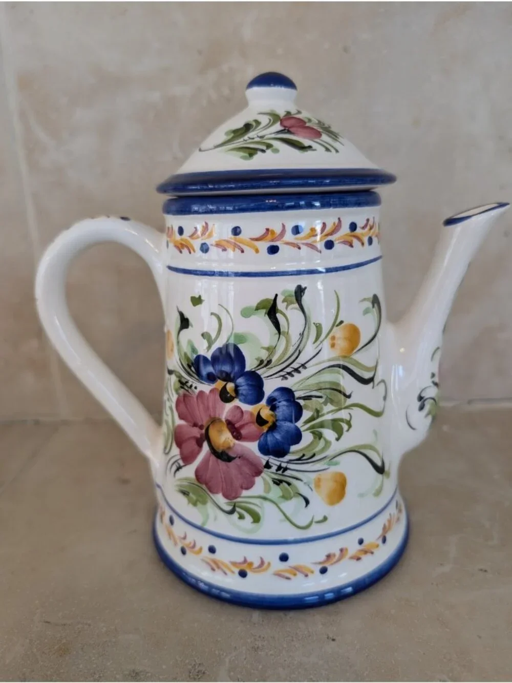 French Faience Hand Painted Floral Ceramic Tea Pot